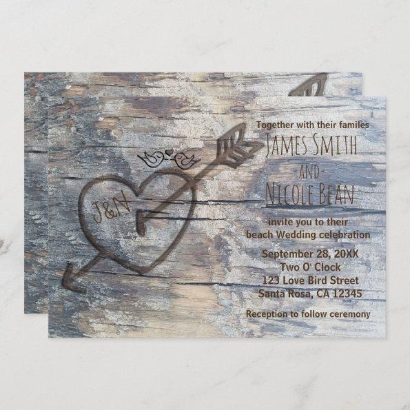 Carved Heart in Wood Love Birds Wedding Invitations