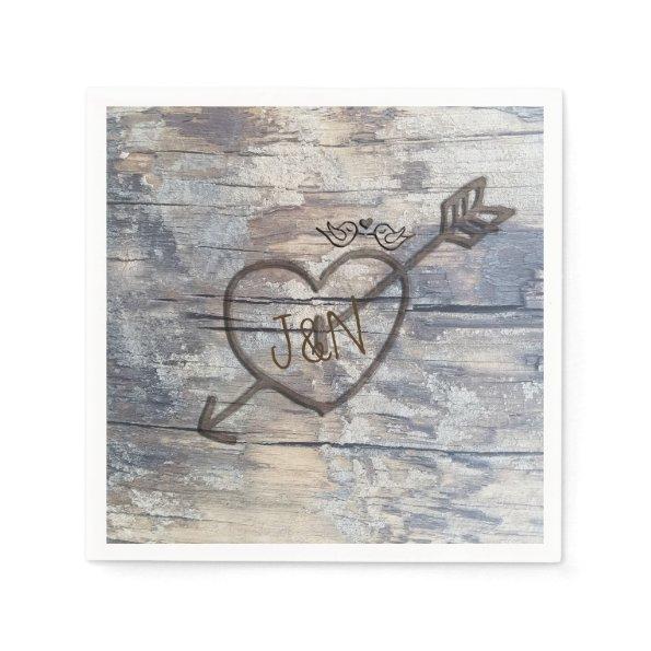 Carved Heart in Wood Love Birds Wedding Reception Paper Napkins