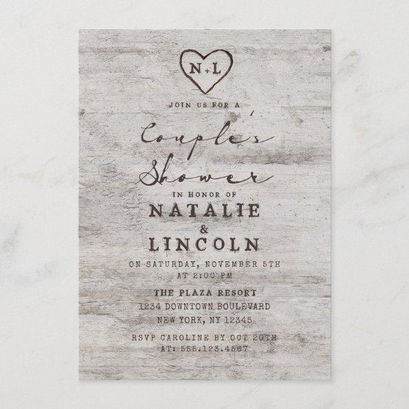 Carved Sweethearts Rustic Couple's Wedding Shower Invitations