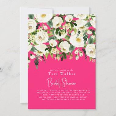 Cascading White Floral Hot Pink Bridal Shower Invitations
