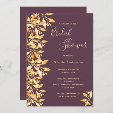 Cassis botanical purple script gold Bridal Shower Invitations