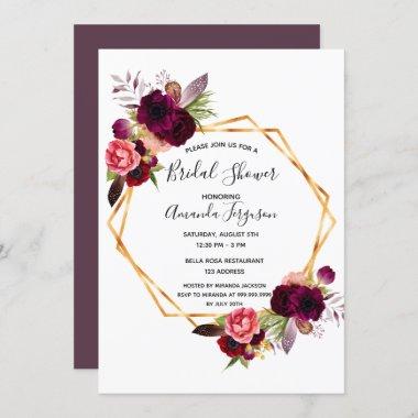 Cassis burgundy floral geometric bridal shower Invitations