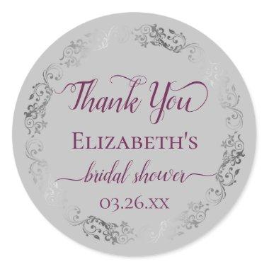 Cassis on Gray Silver Lace Bridal Shower Thank You Classic Round Sticker