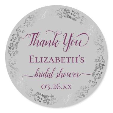 Cassis on Gray Silver Lace  Thank You Classic Round Sticker