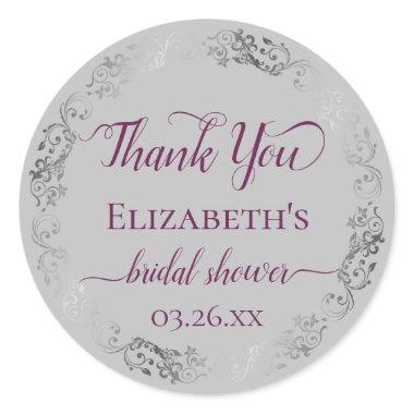 Cassis on Gray Silver Lace Bridal Shower Thank You Classic Round Sticker