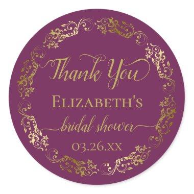 Cassis Purple & Gold Lace Bridal Shower Thank You Classic Round Sticker