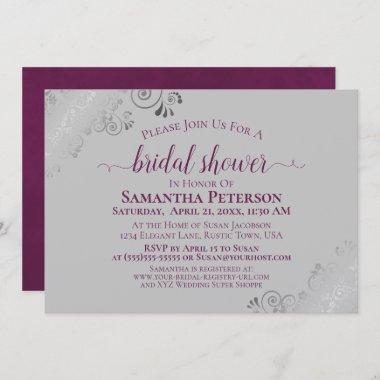 Cassis Purple & Silver Lace Gray Bridal Shower Invitations
