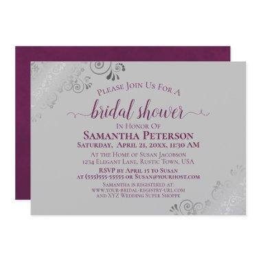 Cassis Purple & Silver Lace Gray Bridal Shower Invitations