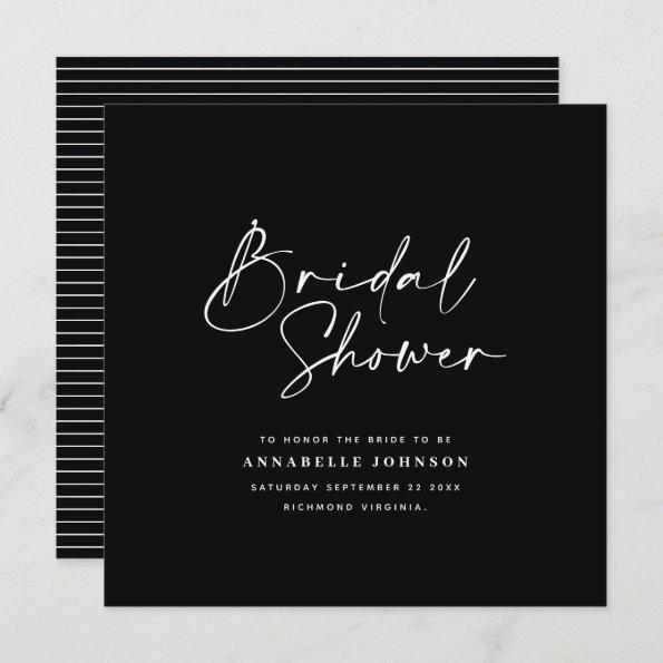 Casual script black and white bridal shower save the date