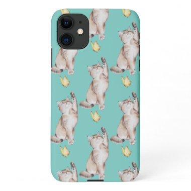 Cat Reaching For Yellow Butterfly on Light Teal iPhone 11 Case