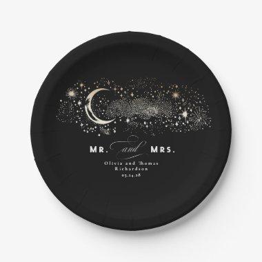 Celestial Black Mr and Mrs Wedding Paper Plates