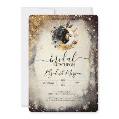 Celestial Gold Stars Moons Dark Bridal Luncheon Invitations