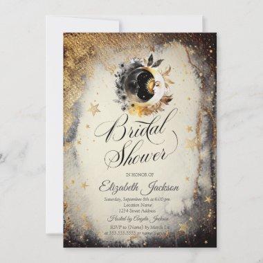 Celestial Gold Stars Moons Dark Bridal Shower Invitations