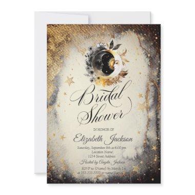 Celestial Gold Stars Moons Dark Bridal Shower Invitations