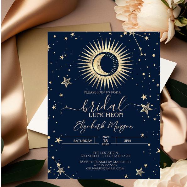 Celestial Gold Sun And Moon Stars Bridal Luncheon Invitations