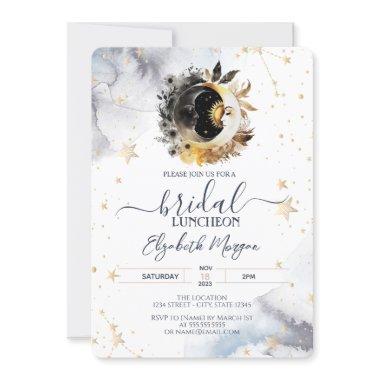 Celestial Gold Sun,Moon,Flowers Bridal Luncheon Invitations