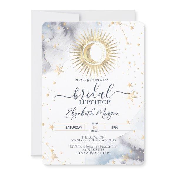 Celestial Gold Sun,Moon,Stars Bridal Luncheon Invitations