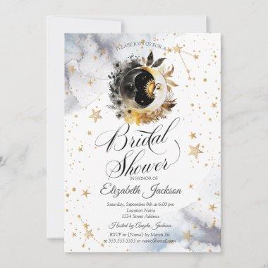 Celestial Gold Sun,Moon,Stars Flower Bridal Shower Invitations
