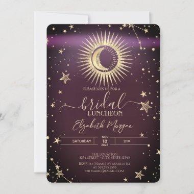 Celestial Gold Sun Moon Stars Luncheon Burgundy Invitations