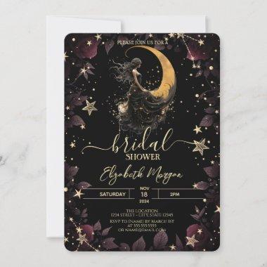 Celestial Moon,Girl,Stars Flowers Bridal Shower Invitations