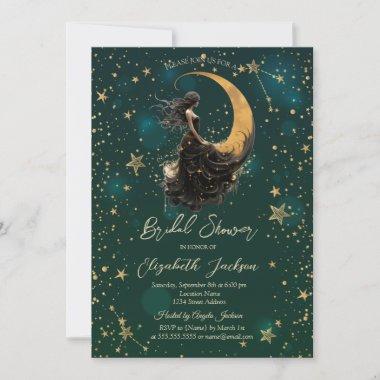 Celestial Moon,Girl Stars Green Bridal Shower Invitations