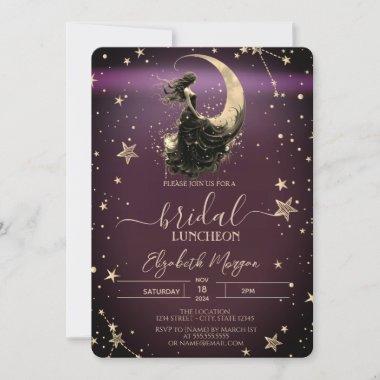 Celestial Moon Girl Stars Luncheon Burgundy Invitations