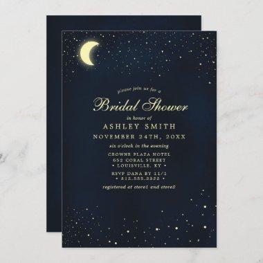 Celestial Moon Stars Midnight Blue Bridal Shower Invitations
