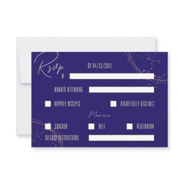 Celestial Night Sky Navy Blue and Gold Wedding RSVP Card
