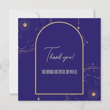 Celestial Night Sky Navy Blue and Gold Wedding Thank You Invitations