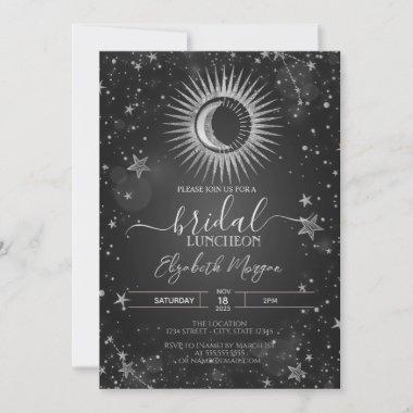 Celestial Silver Sun,Moon,Stars Bridal Luncheon Invitations