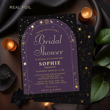 Celestial Stars Moon Gold Boho Arch Bridal Shower Foil Invitations