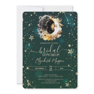 Celestial Sun And Moon Flowers Stars Green Invitations