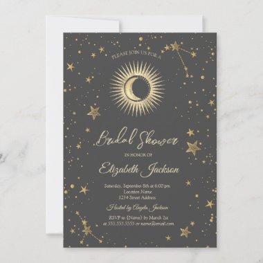 Celestial Sun,Moon,Stars Brown Bridal Shower Invitations