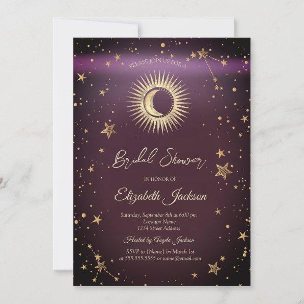 Celestial Sun,Moon,Stars Burgundy Bridal Shower Invitations
