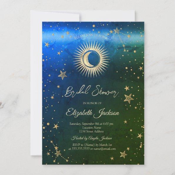 Celestial Sun,Moon,Stars Green Blue Bridal Shower Invitations