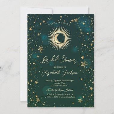 Celestial Sun,Moon,Stars Green Bridal Shower Invitations