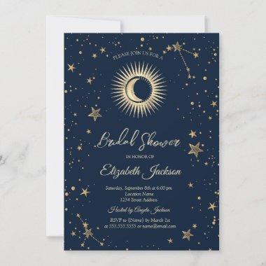 Celestial Sun,Moon,Stars Navy Blue Bridal Shower Invitations