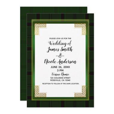 Celtic Green Gold Plaid Tartan White Irish Wedding Invitations