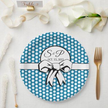 Cerulean Blue Polka Dot White Bow Personalized Paper Plates