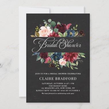 Chalboard Burgundy Floral Frame Fall Bridal Shower Invitations