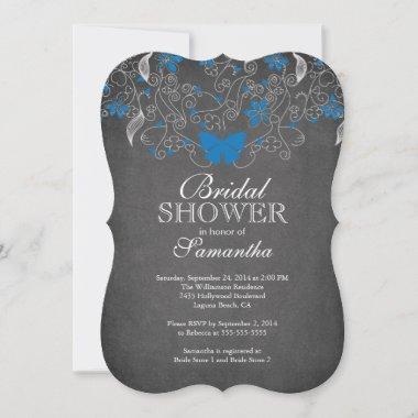 Chalkboard Blue Butterfly Floral Bridal Shower Invitations