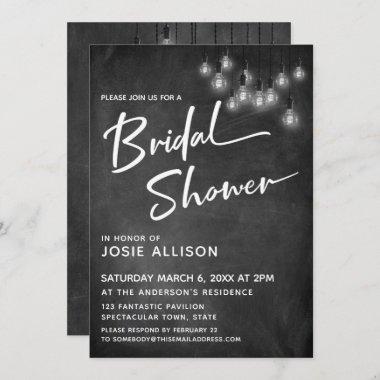 Chalkboard Edison Lights Modern Bridal Shower Invitations