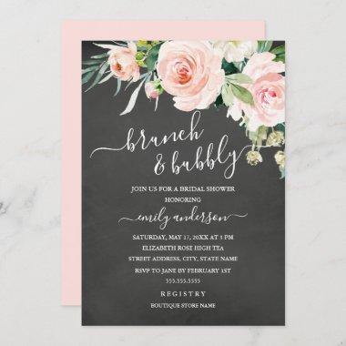 Chalkboard Floral Brunch And Bubbly Bridal Shower Invitations