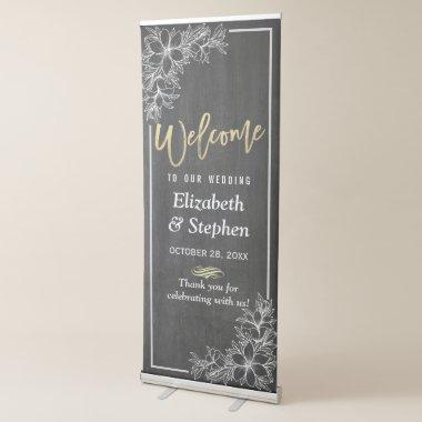 Chalkboard Floral Chic Gold Script Wedding Welcome Retractable Banner
