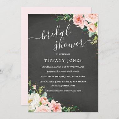 Chalkboard Floral Gold Blush Bridal Shower Invitations