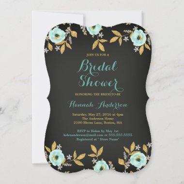 Chalkboard Floral Mint Gold Bridal Shower Invitations