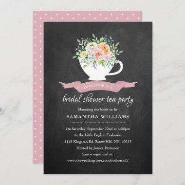 Chalkboard Floral Teacup Bridal Shower Tea Party Invitations