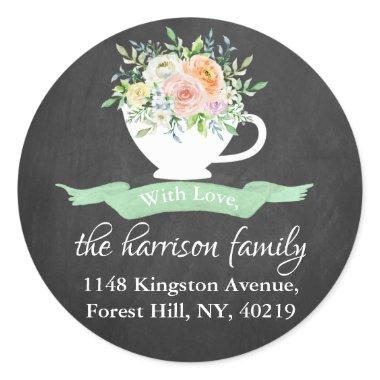 Chalkboard Floral Teacup Return Address Classic Round Sticker