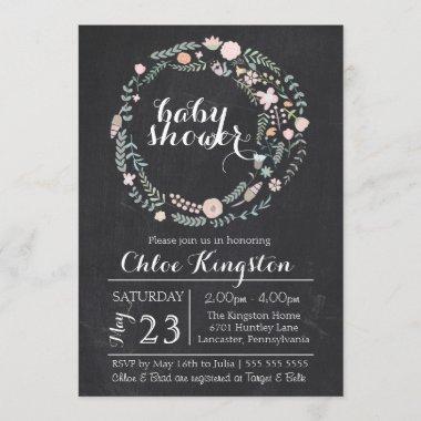 Chalkboard Floral Wreath Baby Shower Invitations