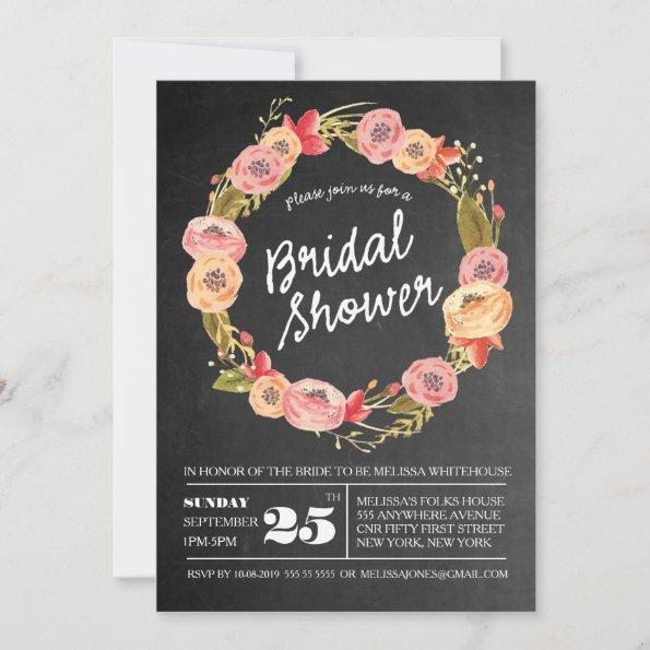 Chalkboard Floral Wreath Bridal Shower Invite